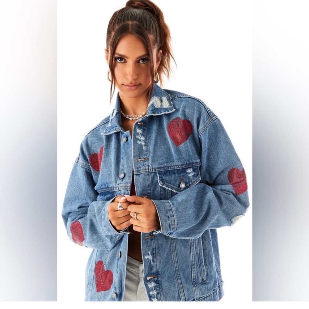 Blue Denim Jacket with Red Heart Patches